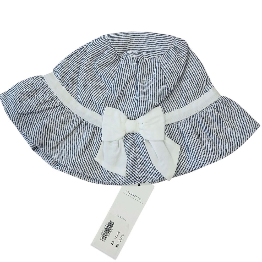 JANIE AND JACK NWT Girls Seersucker Blue White Hat Bonnet Bow Strap 6-12 Months